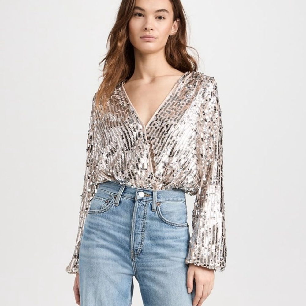 En Saison Amelia sequin bodysuit metallic silver blouson top women's small S